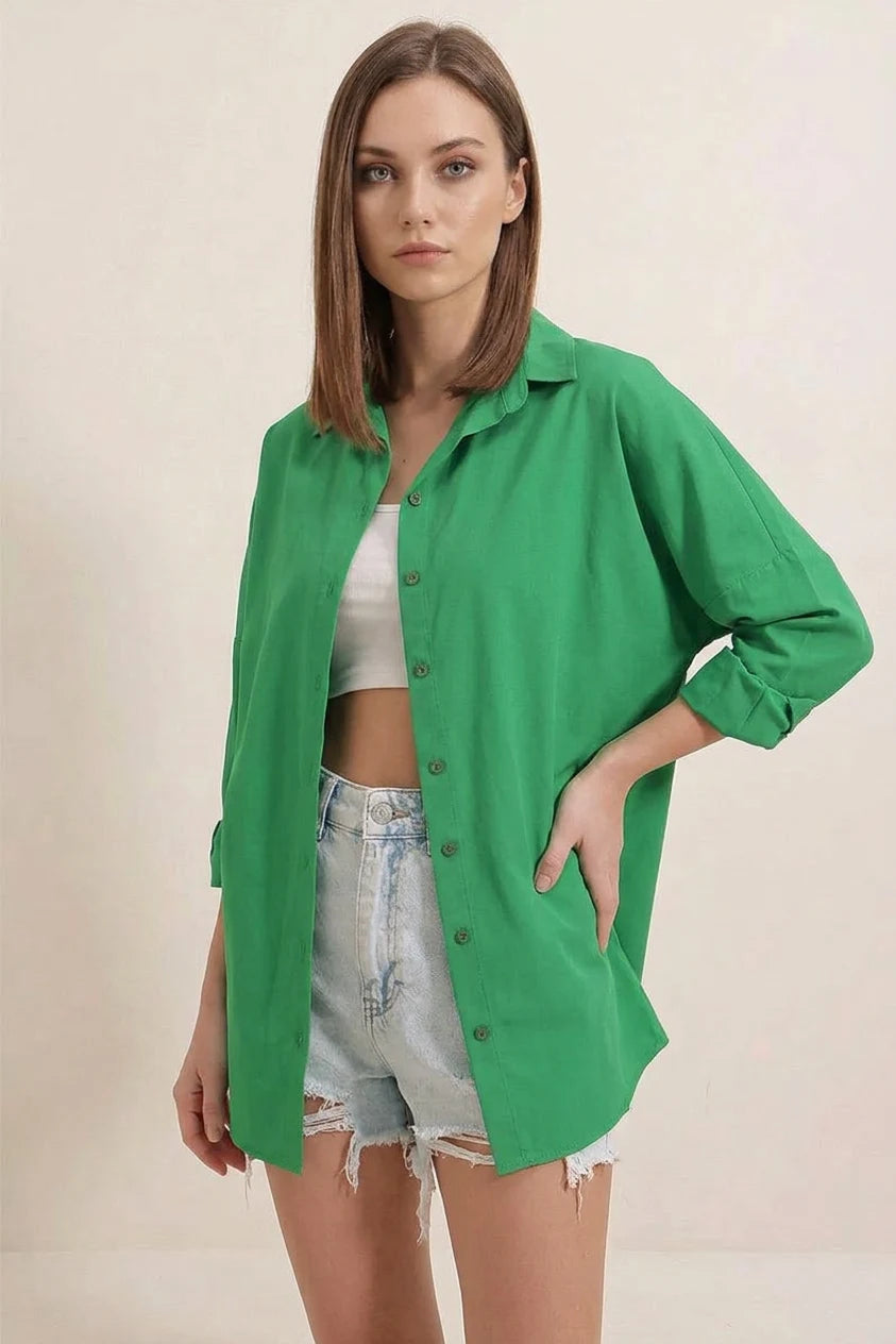 Kadın Oversize Kesim Basic Pamuklu Yeşil Gömlek
