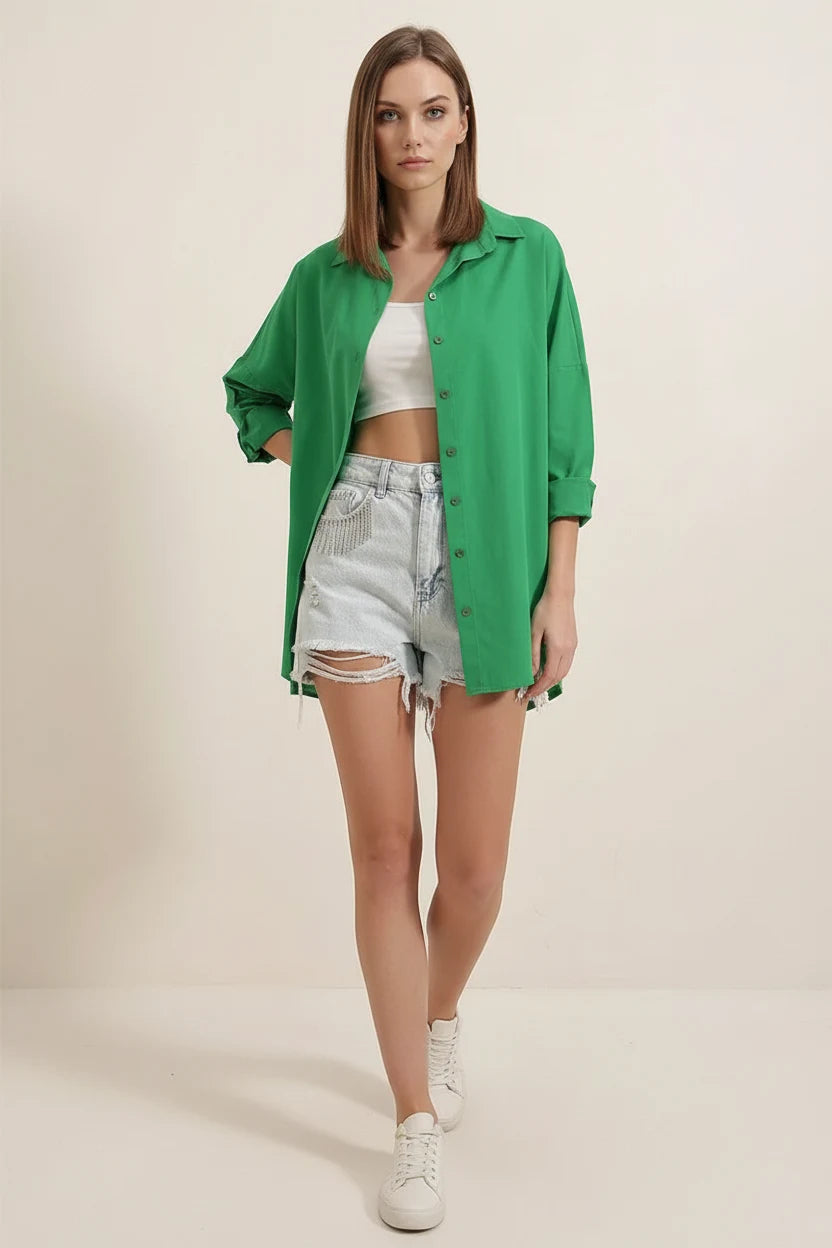 Kadın Oversize Kesim Basic Pamuklu Yeşil Gömlek
