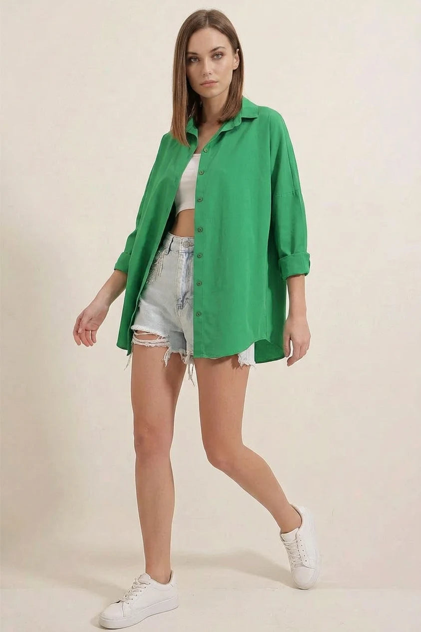 Kadın Oversize Kesim Basic Pamuklu Yeşil Gömlek