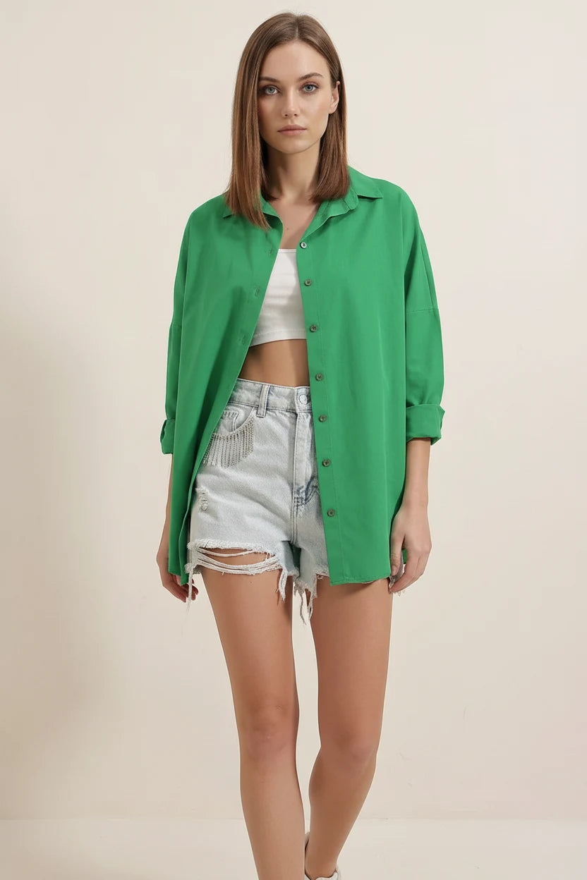 Kadın Oversize Kesim Basic Pamuklu Yeşil Gömlek