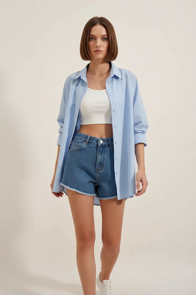 Kadın Oversize Kesim Basic Pamuklu Mavi Gömlek