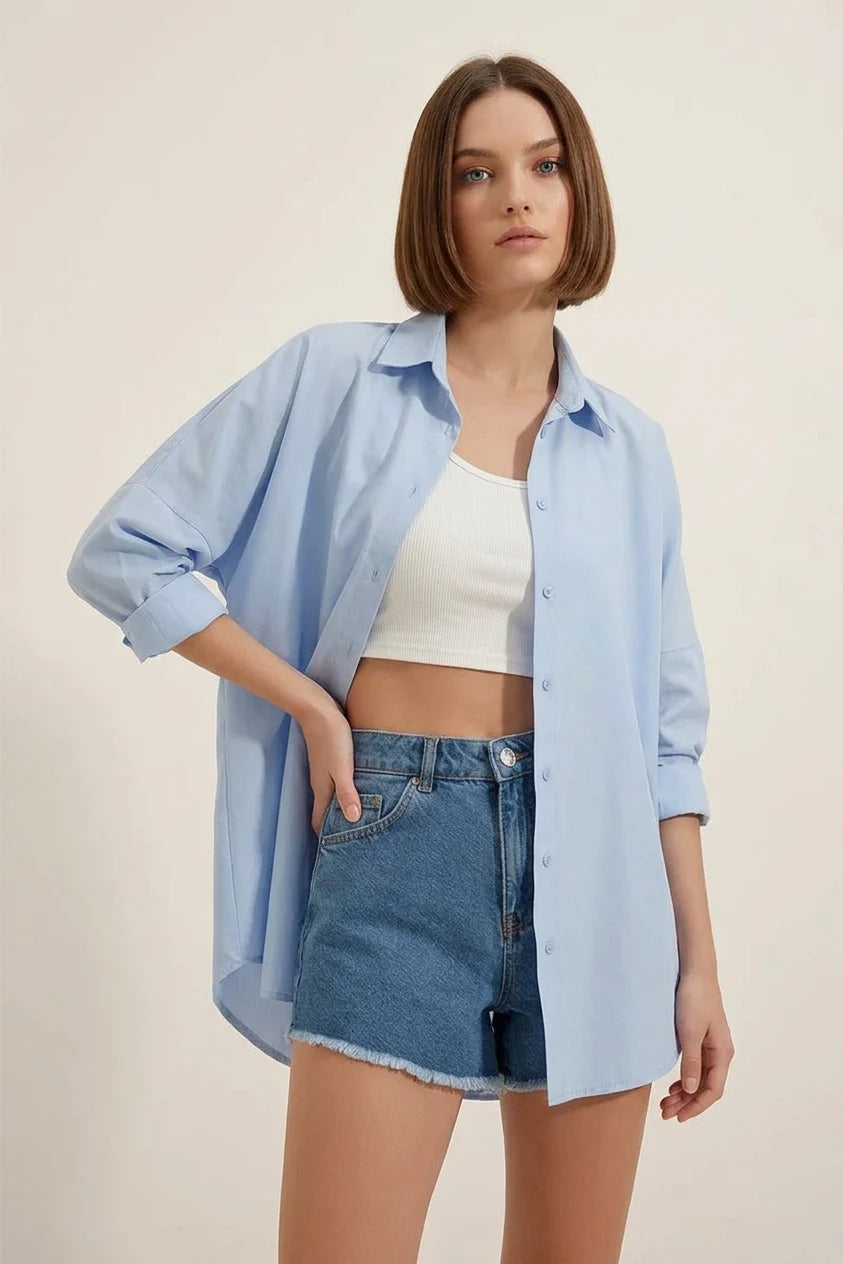 Kadın Oversize Kesim Basic Pamuklu Mavi Gömlek