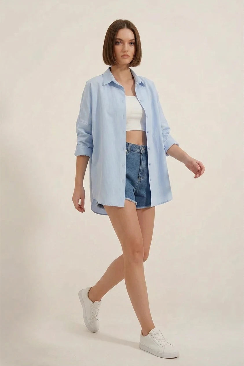 Kadın Oversize Kesim Basic Pamuklu Mavi Gömlek