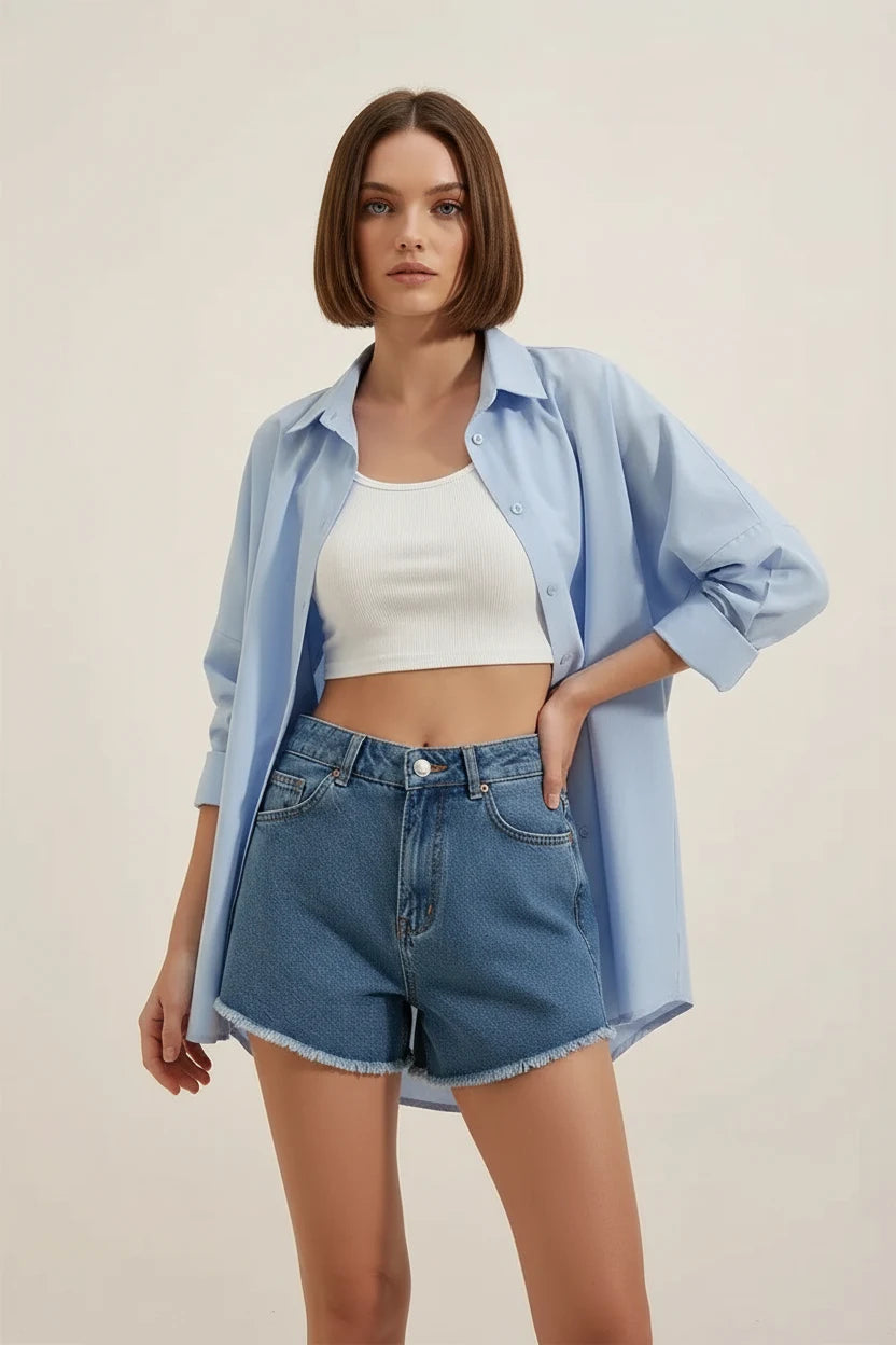 Kadın Oversize Kesim Basic Pamuklu Mavi Gömlek