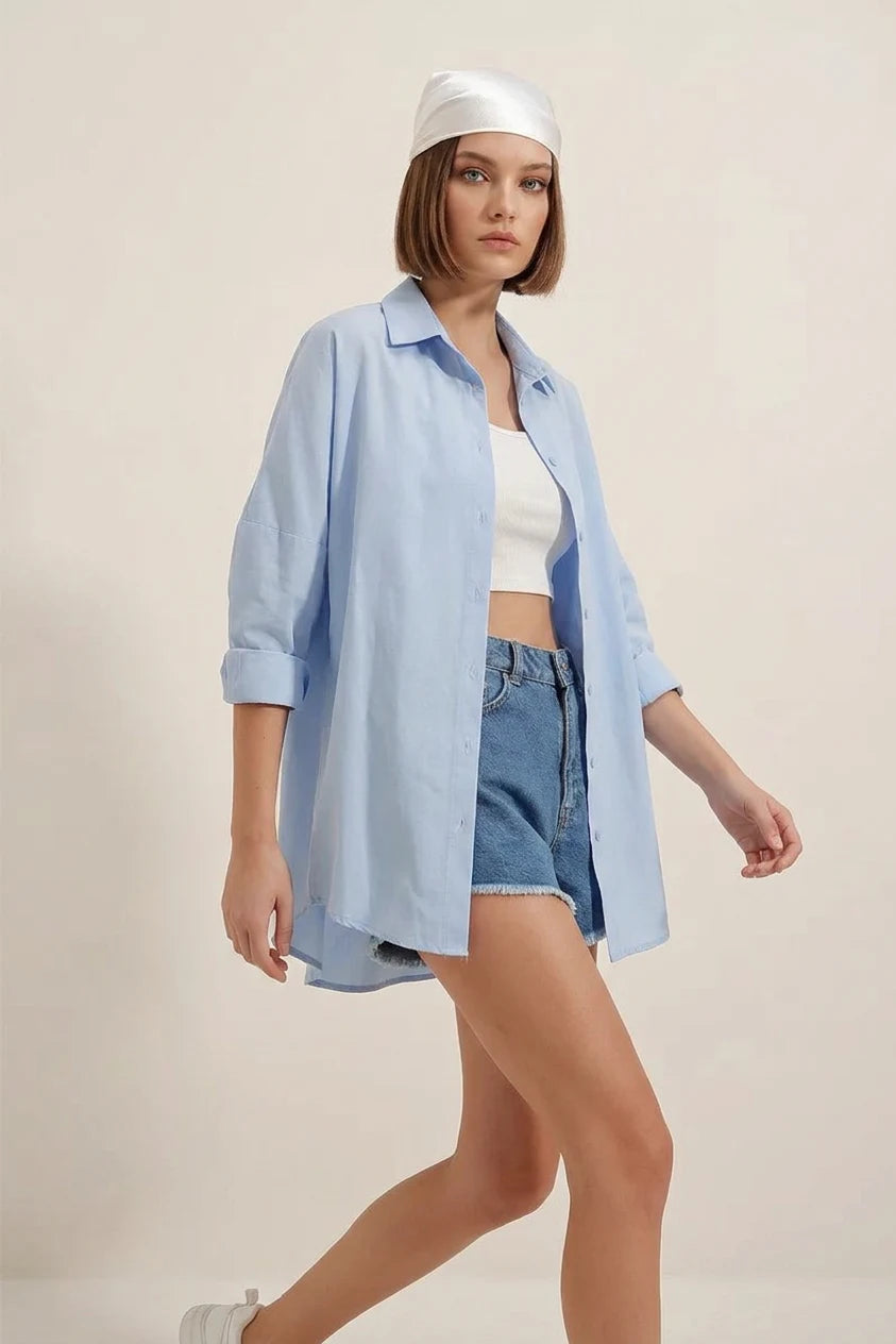 Kadın Oversize Kesim Basic Pamuklu Mavi Gömlek
