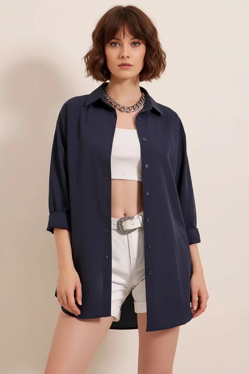Kadın Oversize Basic Pamuklu Lacivert Gömlek