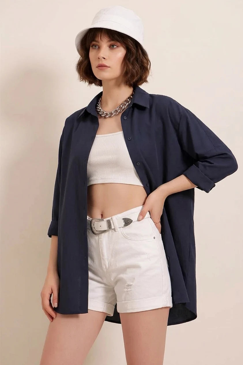 Kadın Oversize Basic Pamuklu Lacivert Gömlek
