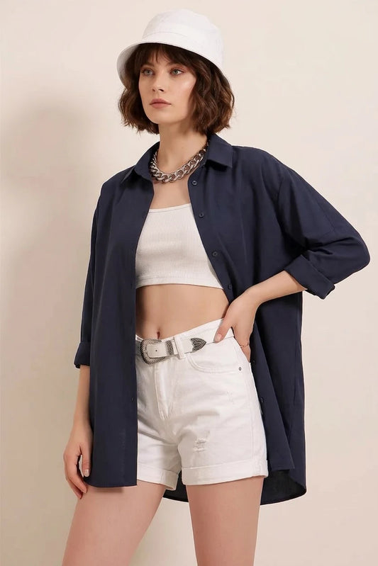 Kadın Oversize Basic Pamuklu Lacivert Gömlek