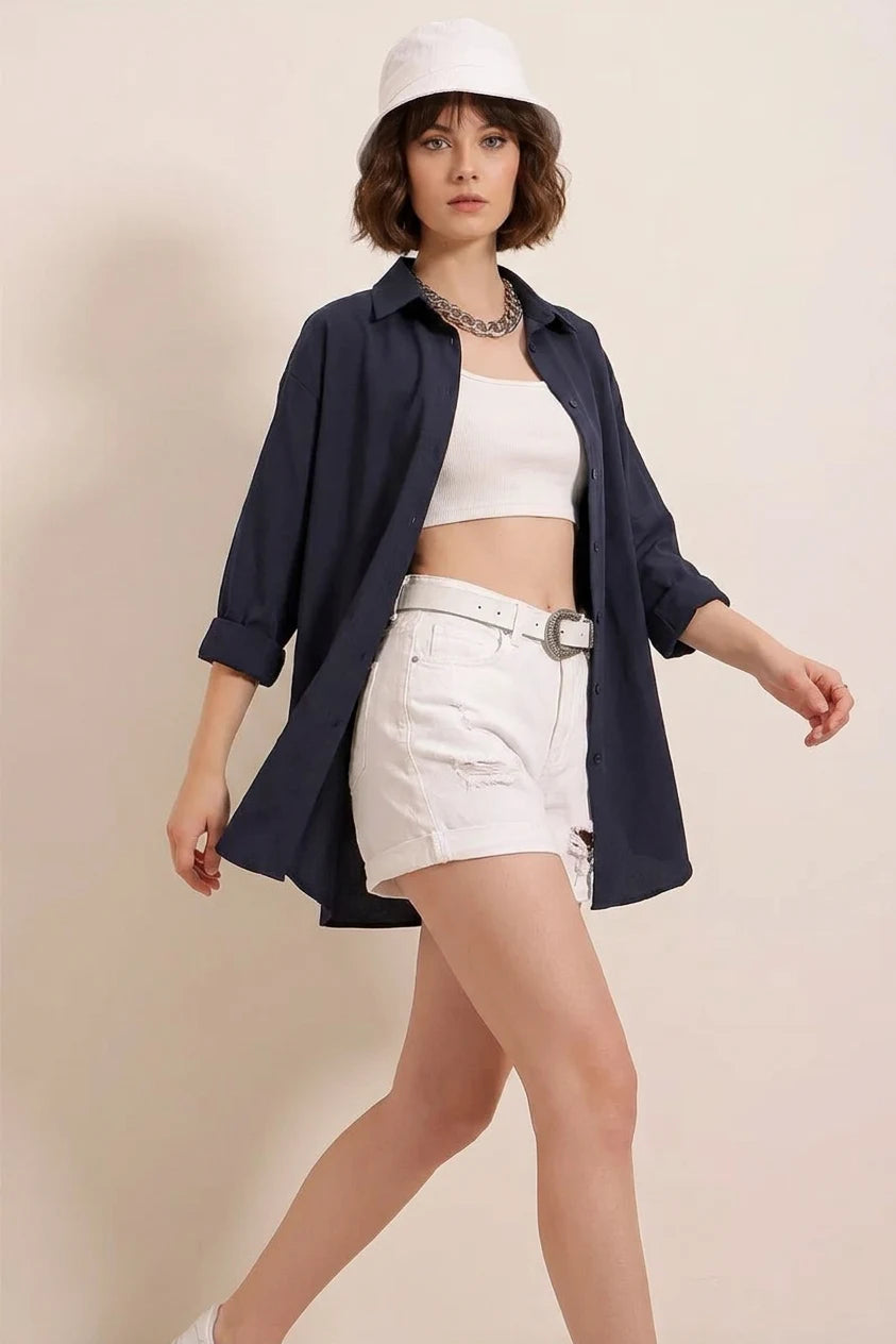 Kadın Oversize Basic Pamuklu Lacivert Gömlek