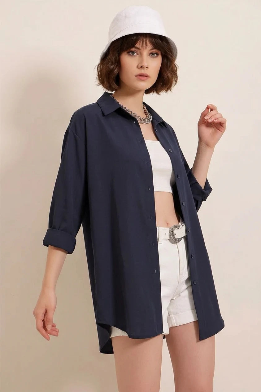 Kadın Oversize Basic Pamuklu Lacivert Gömlek