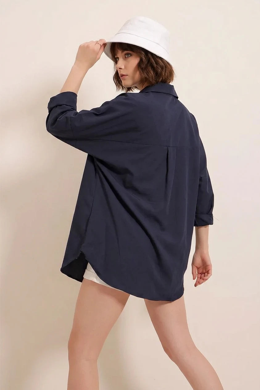 Kadın Oversize Basic Pamuklu Lacivert Gömlek