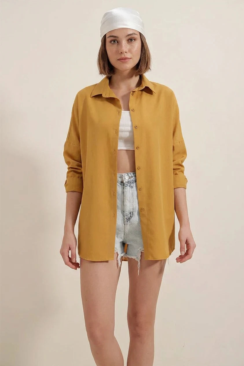 Kadın Oversize Basic Pamuklu Hardal Gömlek