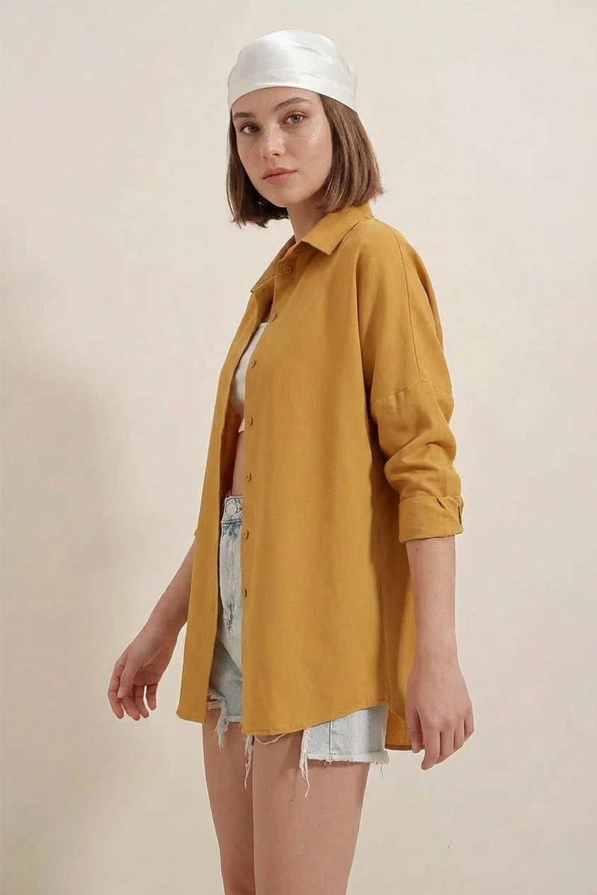 Kadın Oversize Basic Pamuklu Hardal Gömlek