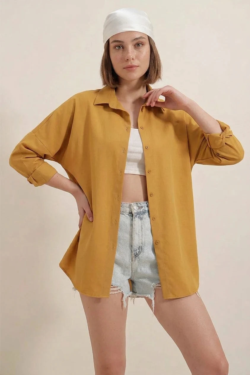 Kadın Oversize Basic Pamuklu Hardal Gömlek