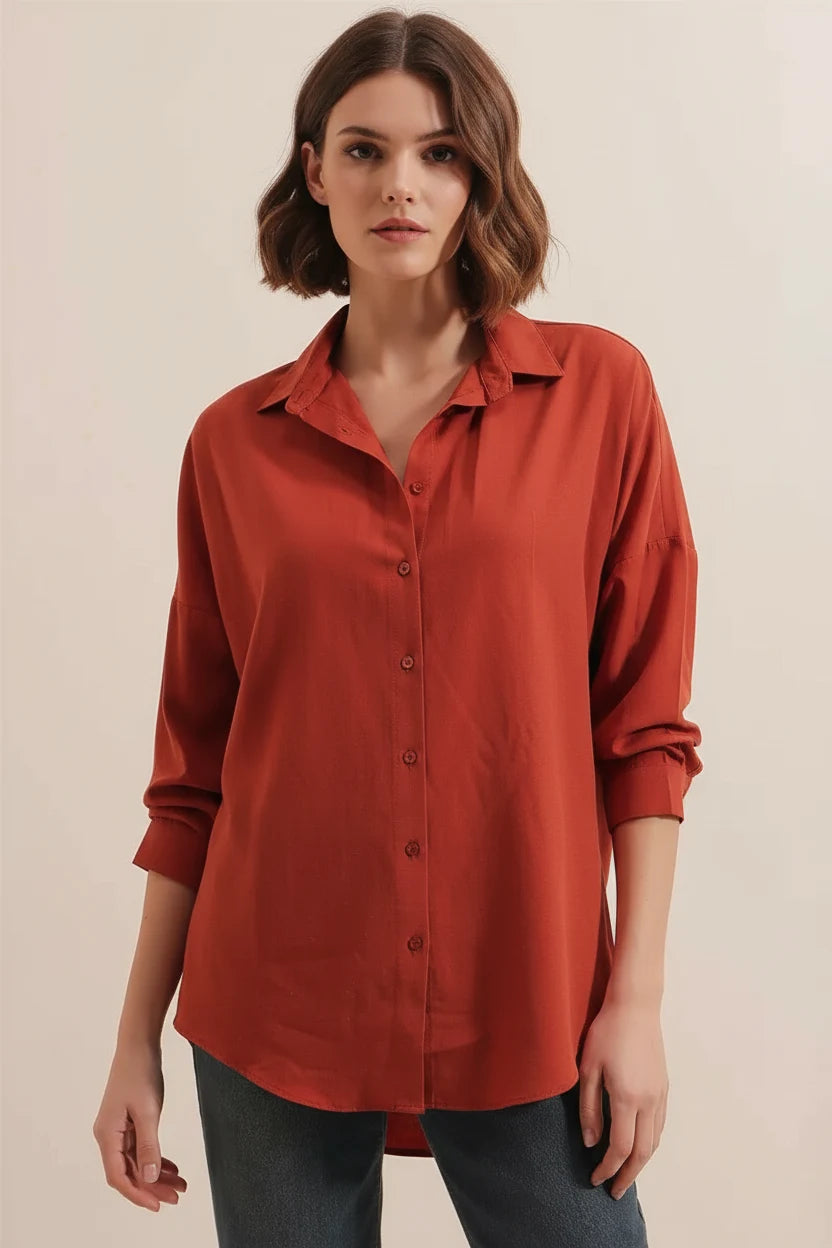 Kadın Oversize Basic Pamuklu Kiremit Gömlek