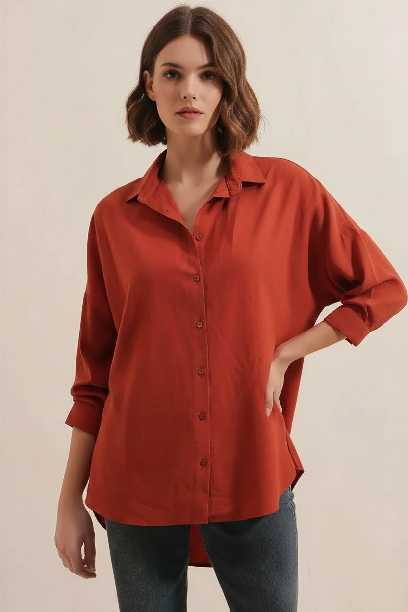 Kadın Oversize Basic Pamuklu Kiremit Gömlek