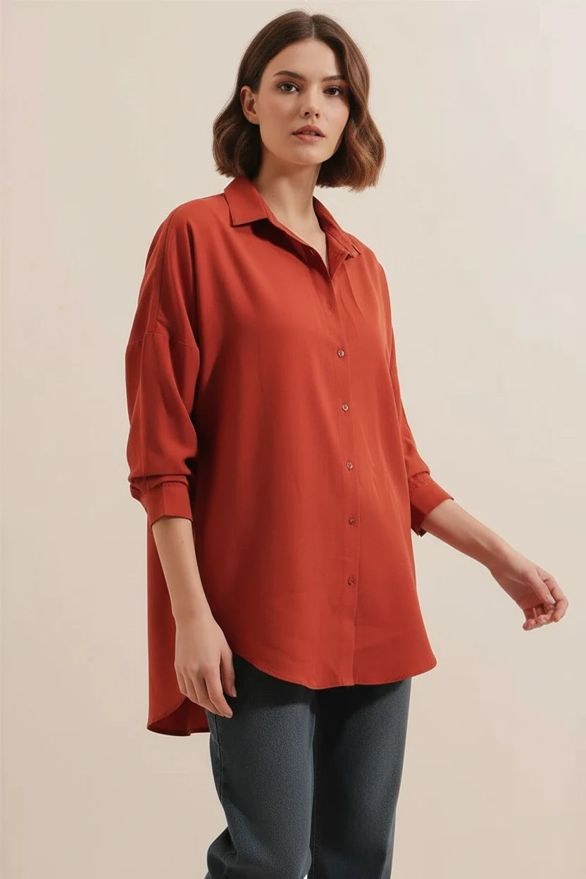 Kadın Oversize Basic Pamuklu Kiremit Gömlek