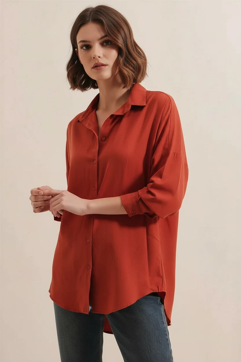 Kadın Oversize Basic Pamuklu Kiremit Gömlek