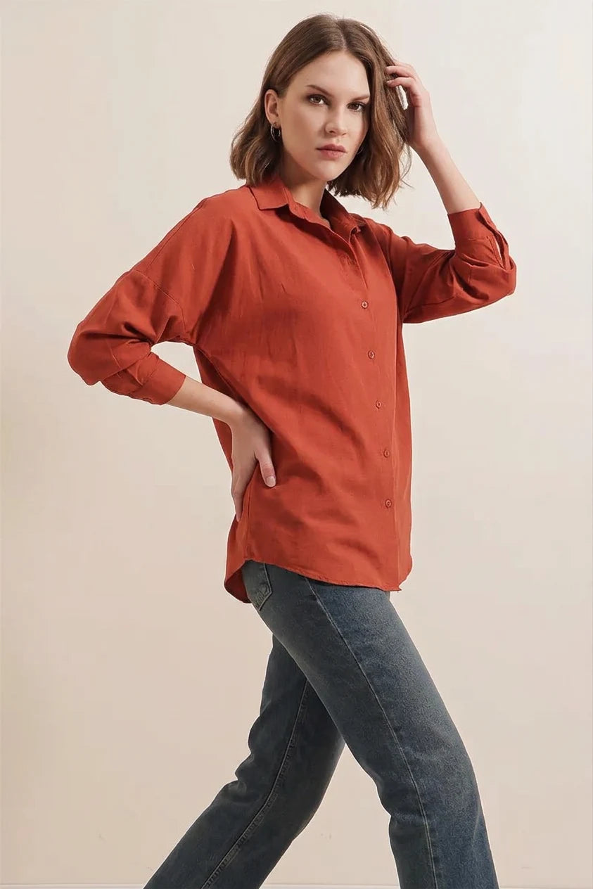 Kadın Oversize Basic Pamuklu Kiremit Gömlek