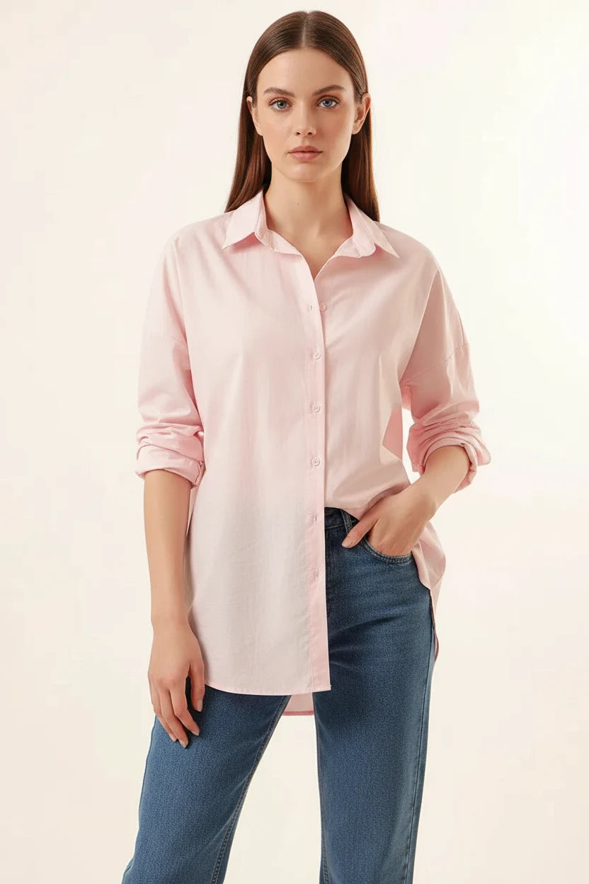 Kadın Oversize Basic Pamuklu Pudra Gömlek