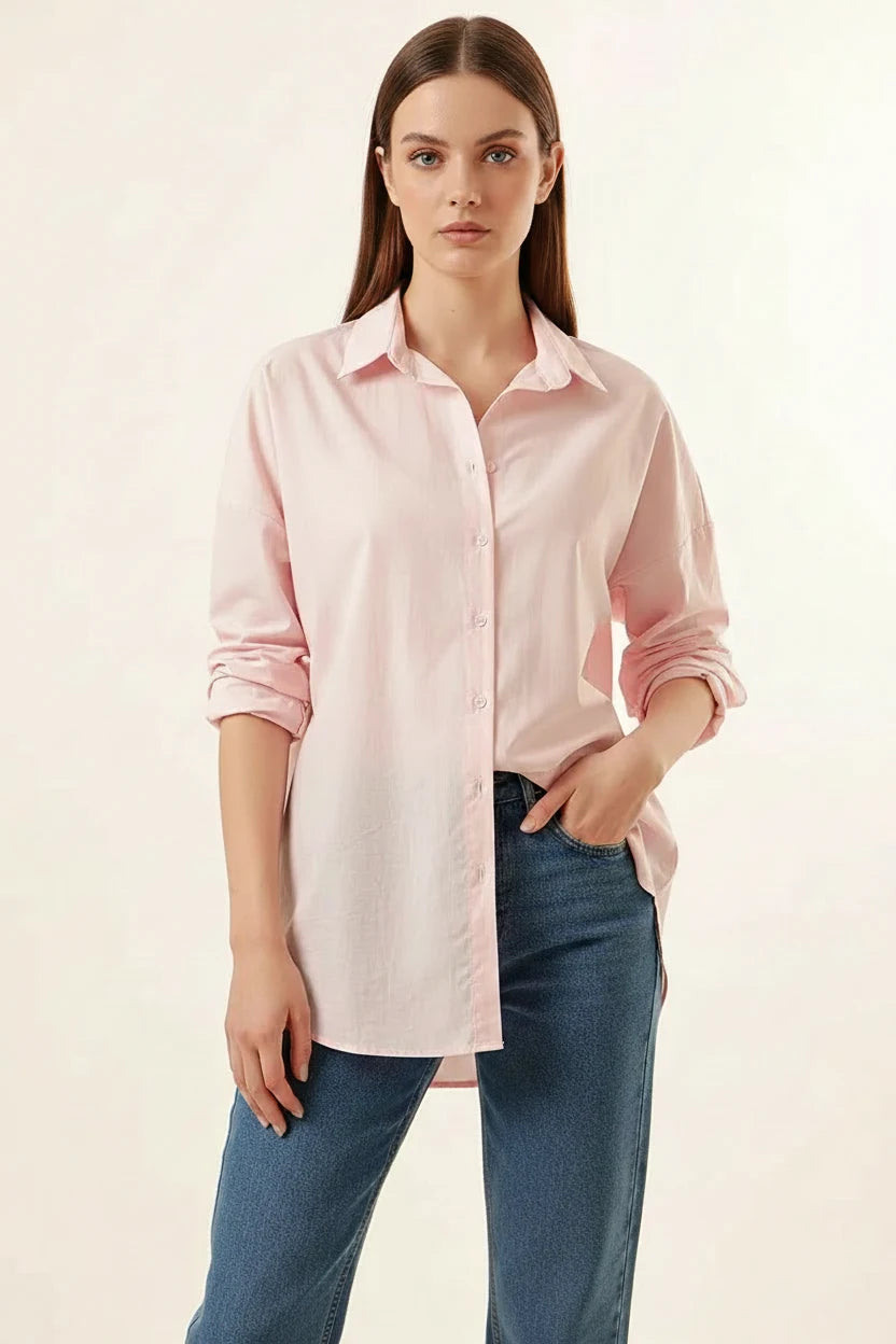 Kadın Oversize Basic Pamuklu Pudra Gömlek