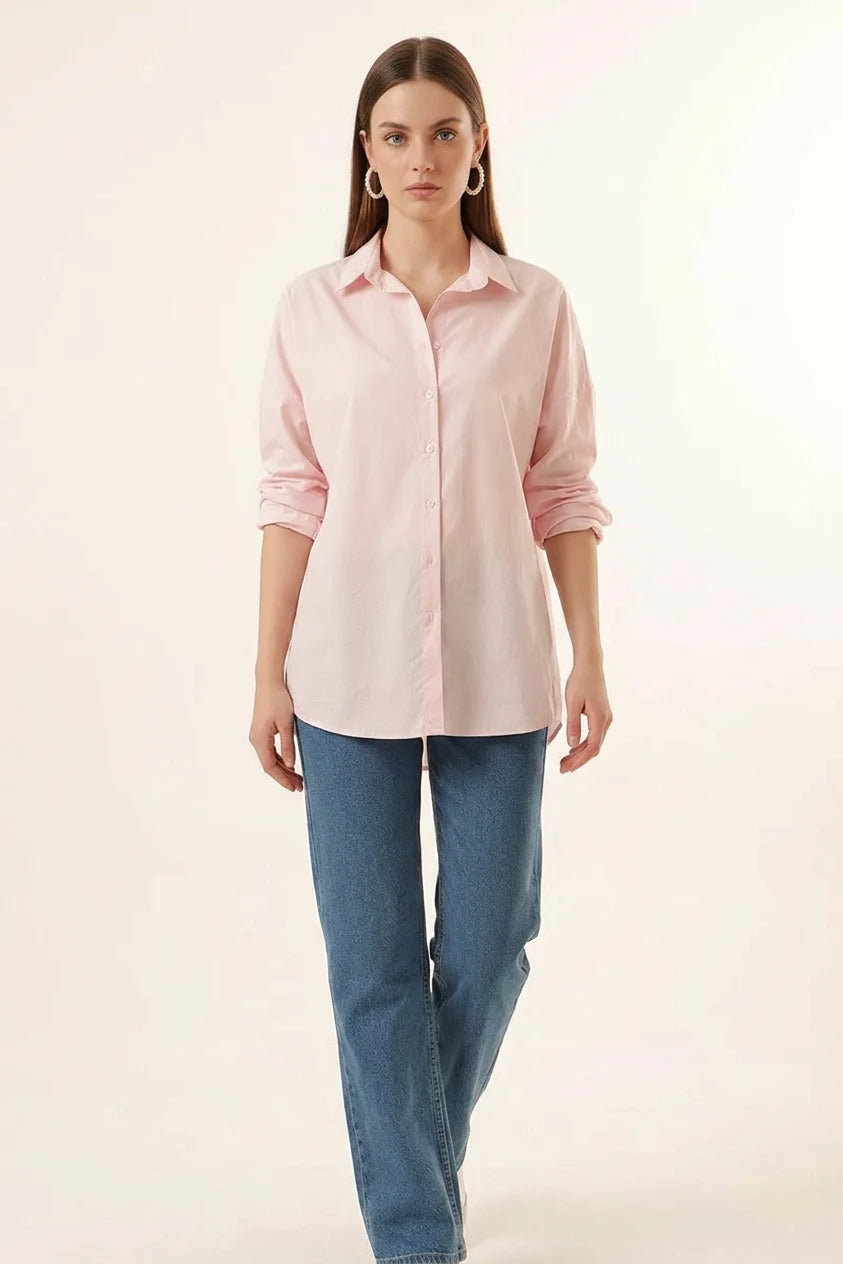 Kadın Oversize Basic Pamuklu Pudra Gömlek