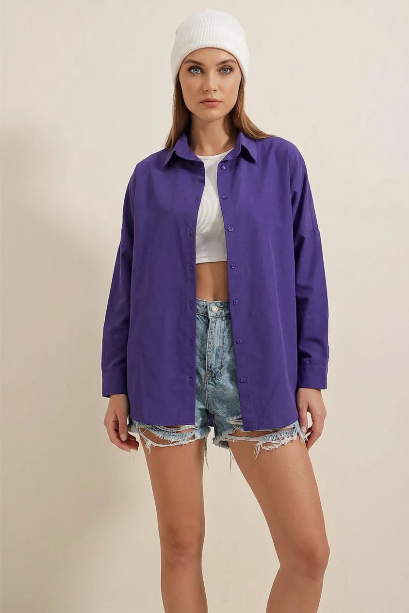 Kadın Oversize Basic Pamuklu Mor Gömlek