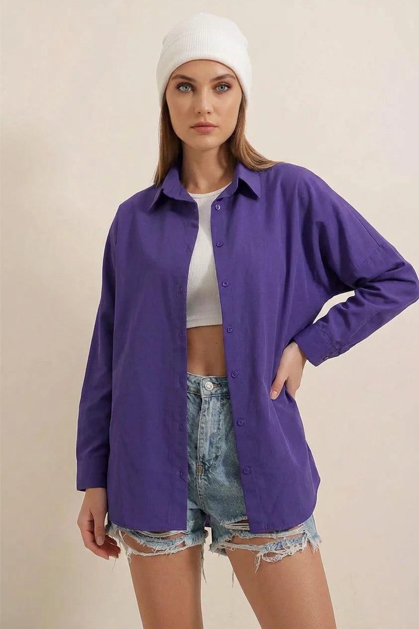 Kadın Oversize Basic Pamuklu Mor Gömlek