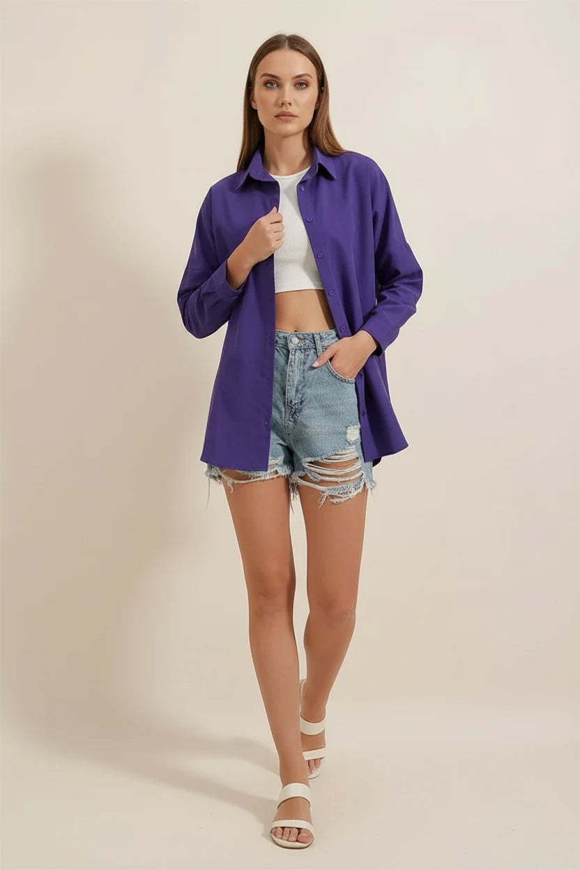 Kadın Oversize Basic Pamuklu Mor Gömlek