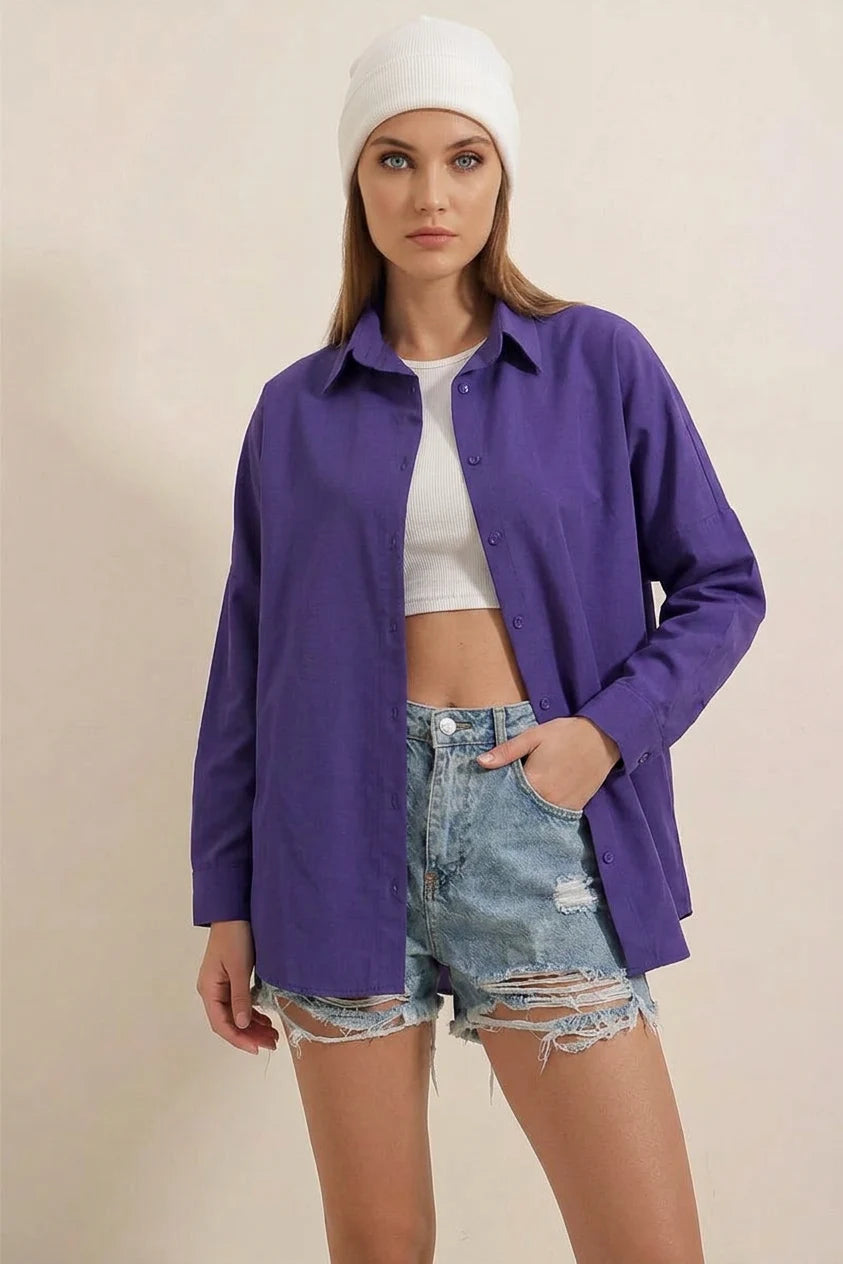 Kadın Oversize Basic Pamuklu Mor Gömlek
