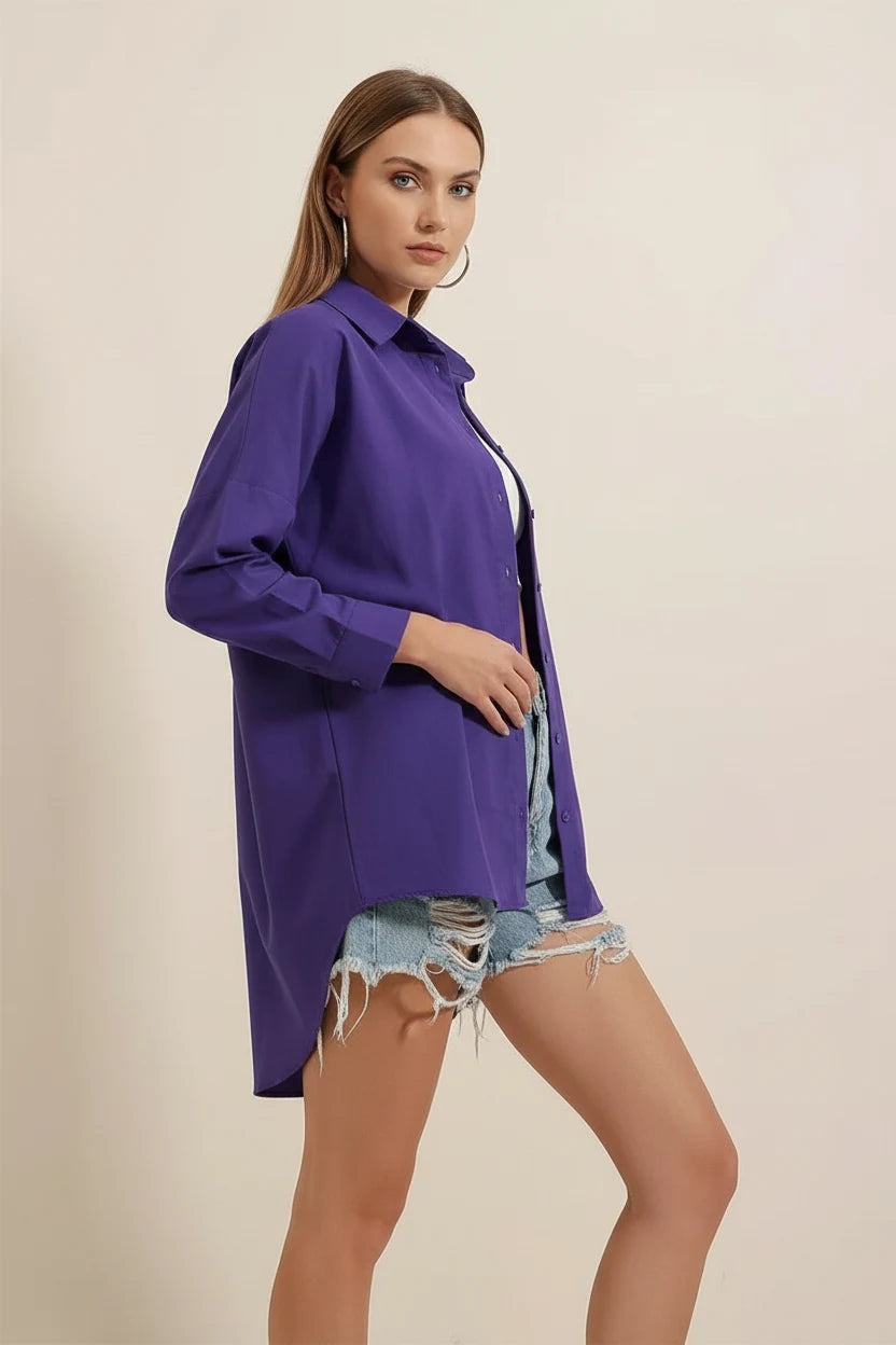 Kadın Oversize Basic Pamuklu Mor Gömlek