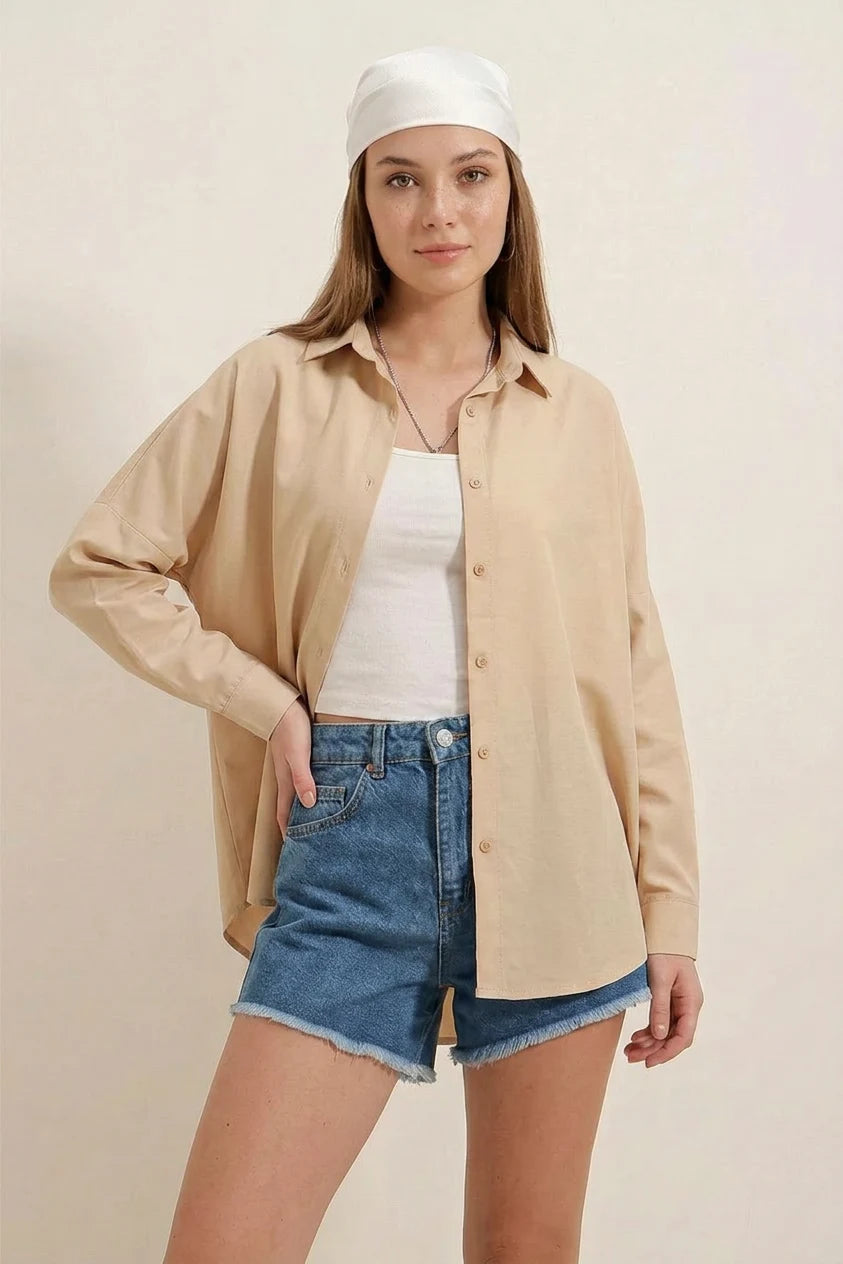 Kadın Oversize Kesim Basic Pamuklu Bej Gömlek