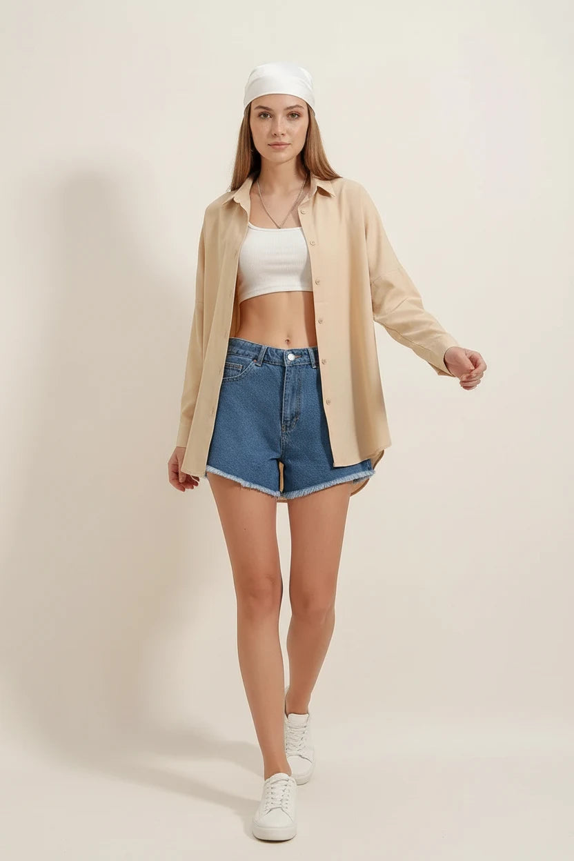 Kadın Oversize Kesim Basic Pamuklu Bej Gömlek