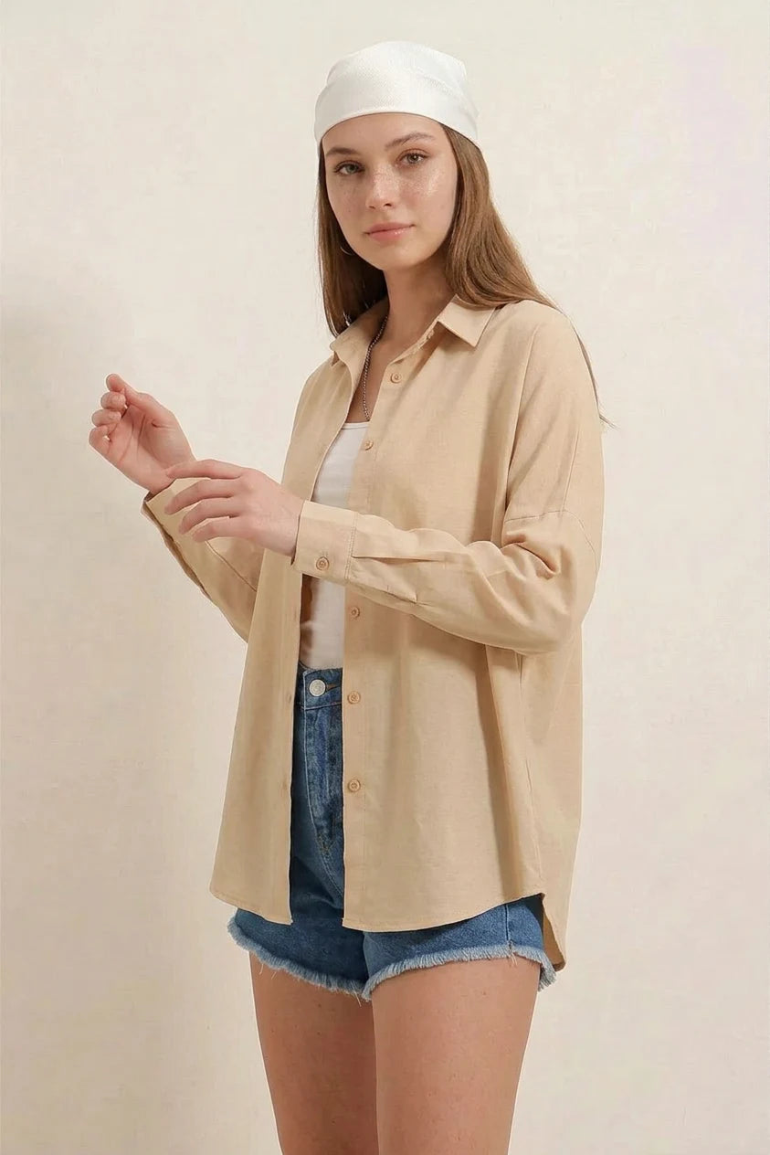 Kadın Oversize Kesim Basic Pamuklu Bej Gömlek