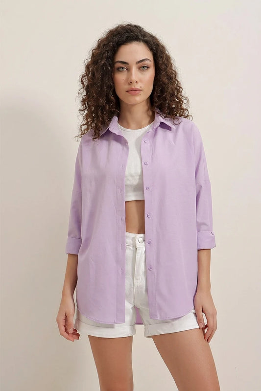 Kadın Oversize Basic Pamuklu Lila Gömlek
