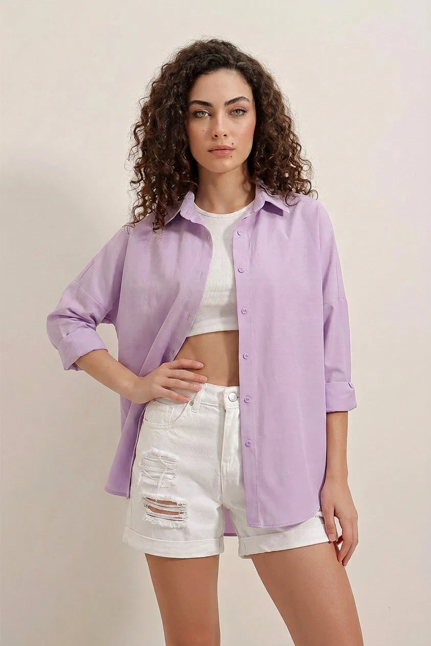Kadın Oversize Basic Pamuklu Lila Gömlek