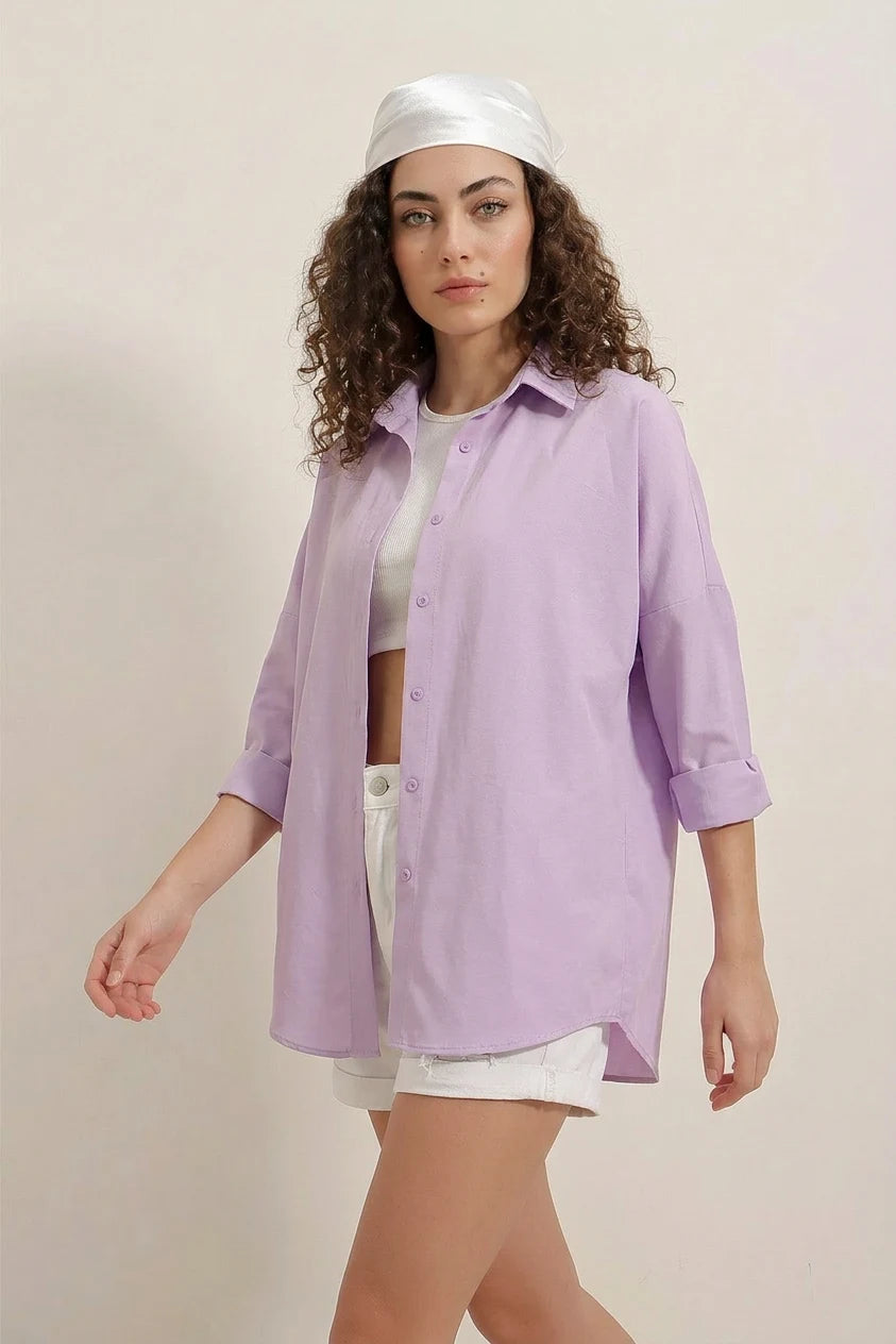 Kadın Oversize Basic Pamuklu Lila Gömlek