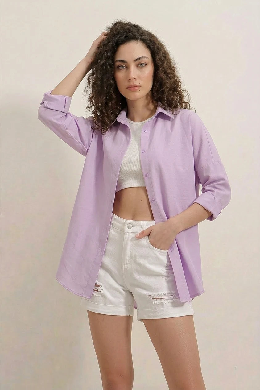 Kadın Oversize Basic Pamuklu Lila Gömlek