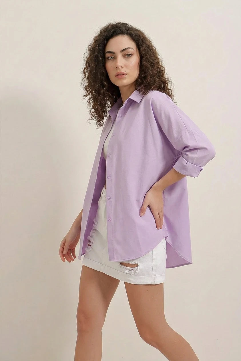 Kadın Oversize Basic Pamuklu Lila Gömlek