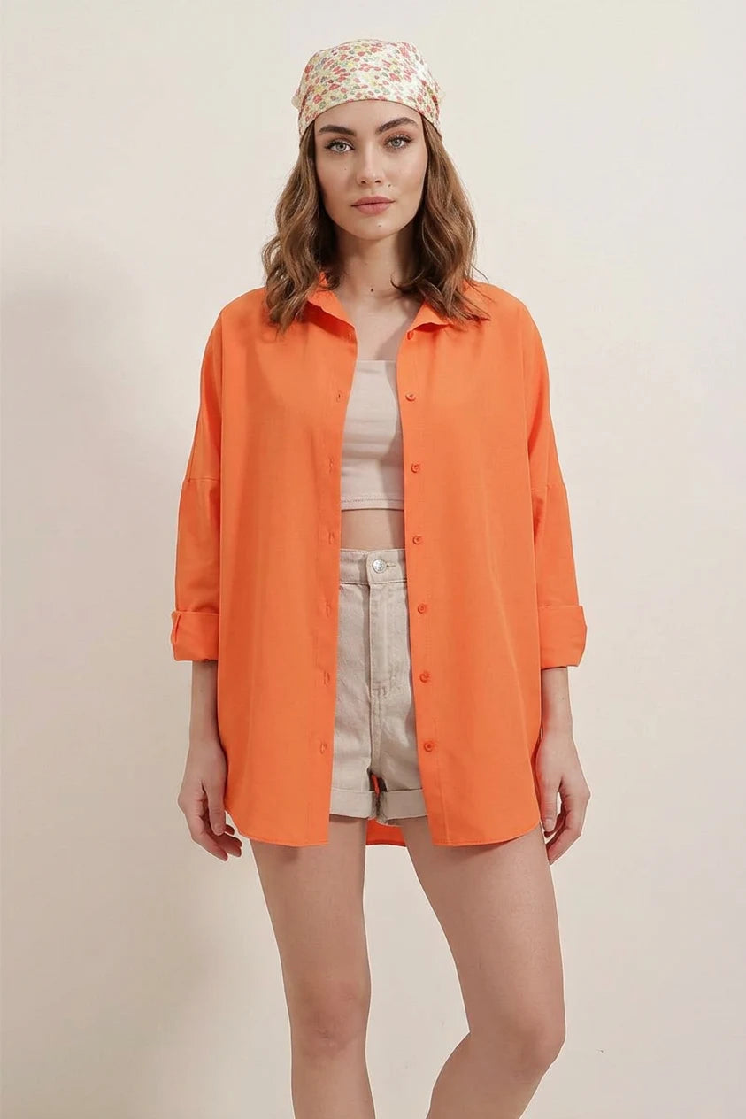 Kadın Basic Oversize Pamuklu Turuncu Gömlek