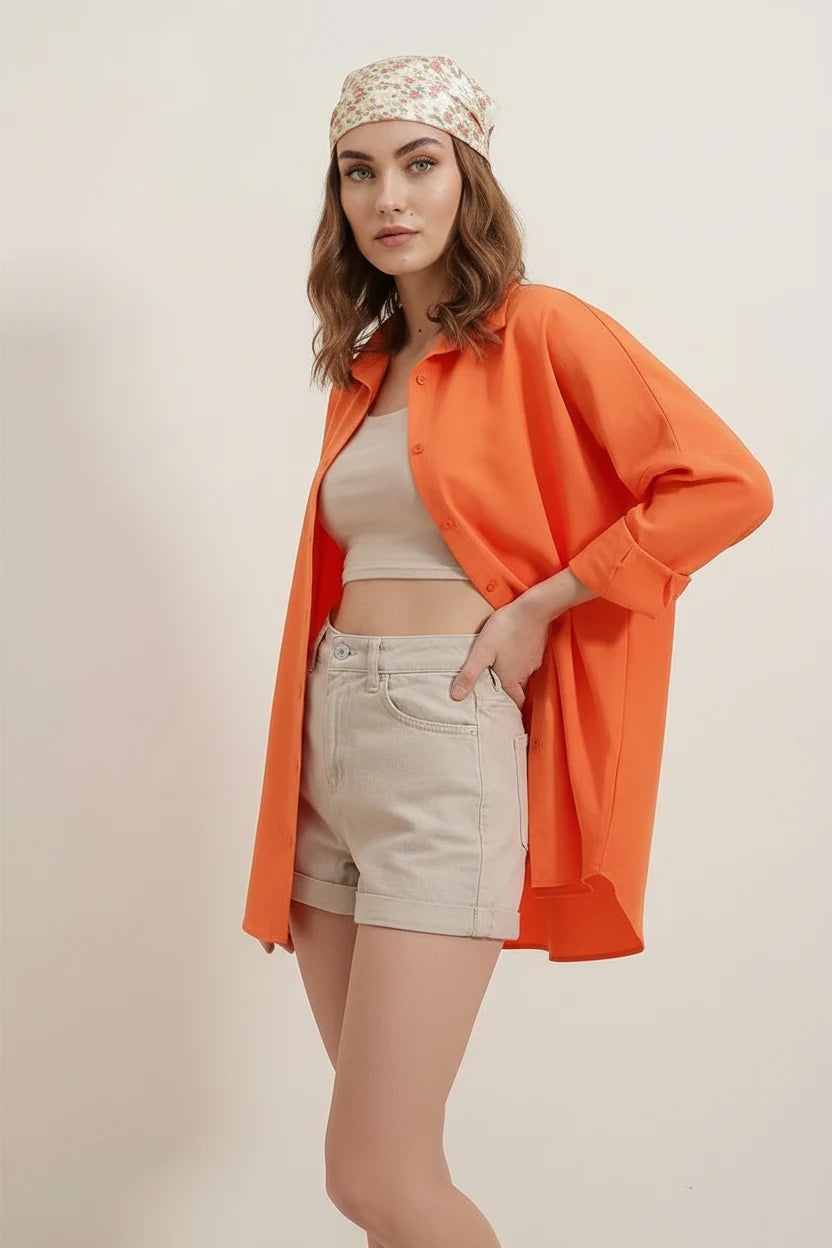 Kadın Basic Oversize Pamuklu Turuncu Gömlek