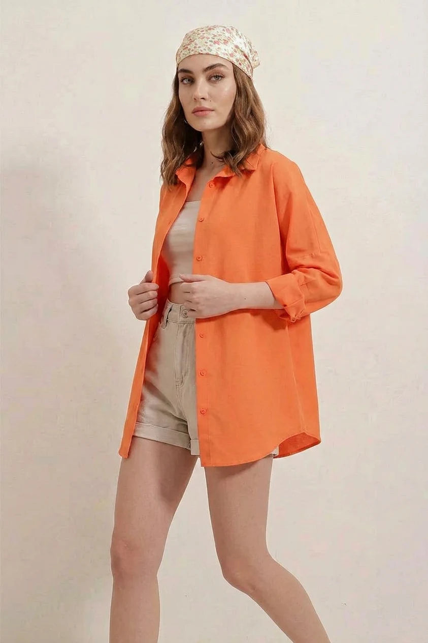 Kadın Basic Oversize Pamuklu Turuncu Gömlek