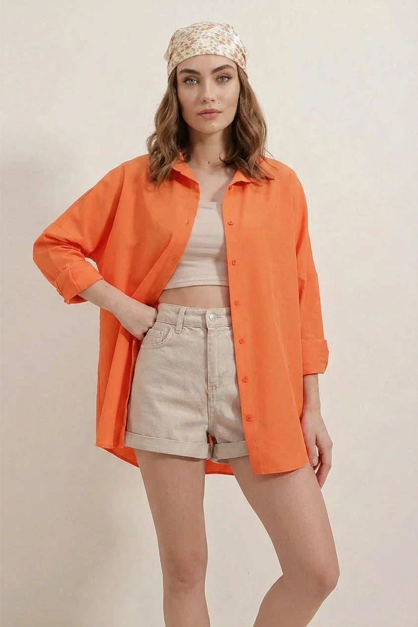 Kadın Basic Oversize Pamuklu Turuncu Gömlek