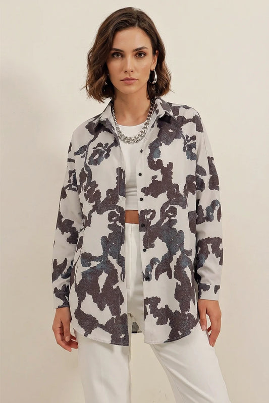 Kadın Basic Oversize Desenli Pamuklu Siyah Gömlek