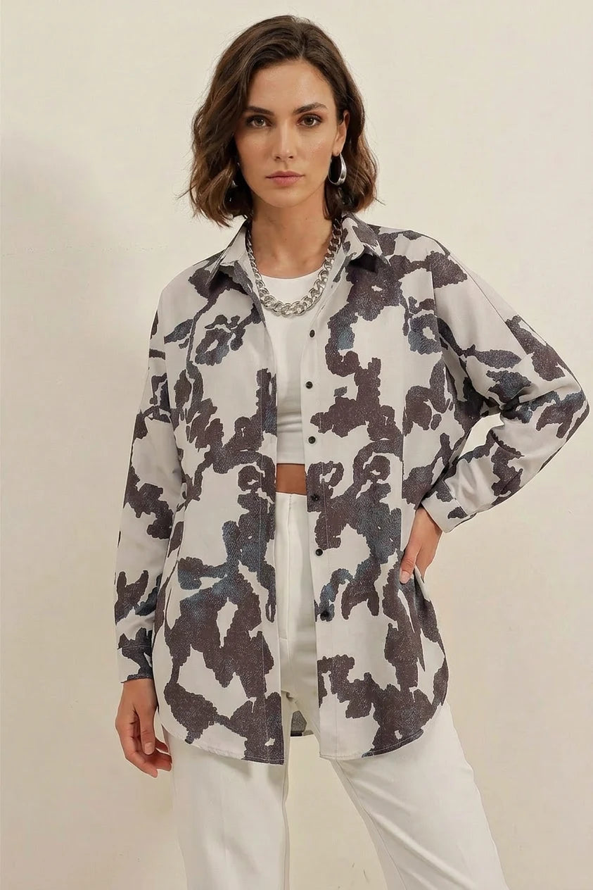 Kadın Basic Oversize Desenli Pamuklu Siyah Gömlek