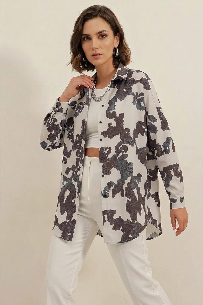 Kadın Basic Oversize Desenli Pamuklu Siyah Gömlek
