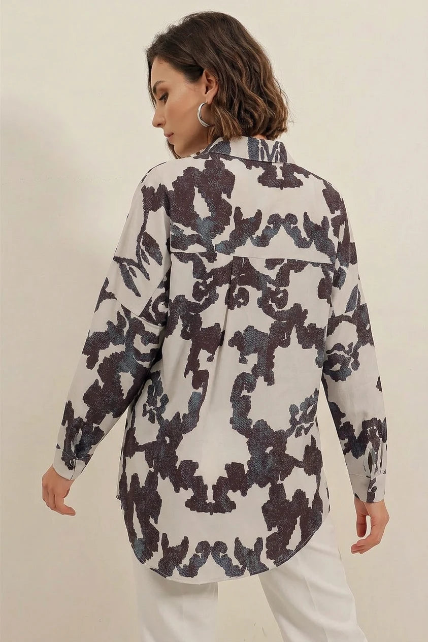 Kadın Basic Oversize Desenli Pamuklu Siyah Gömlek