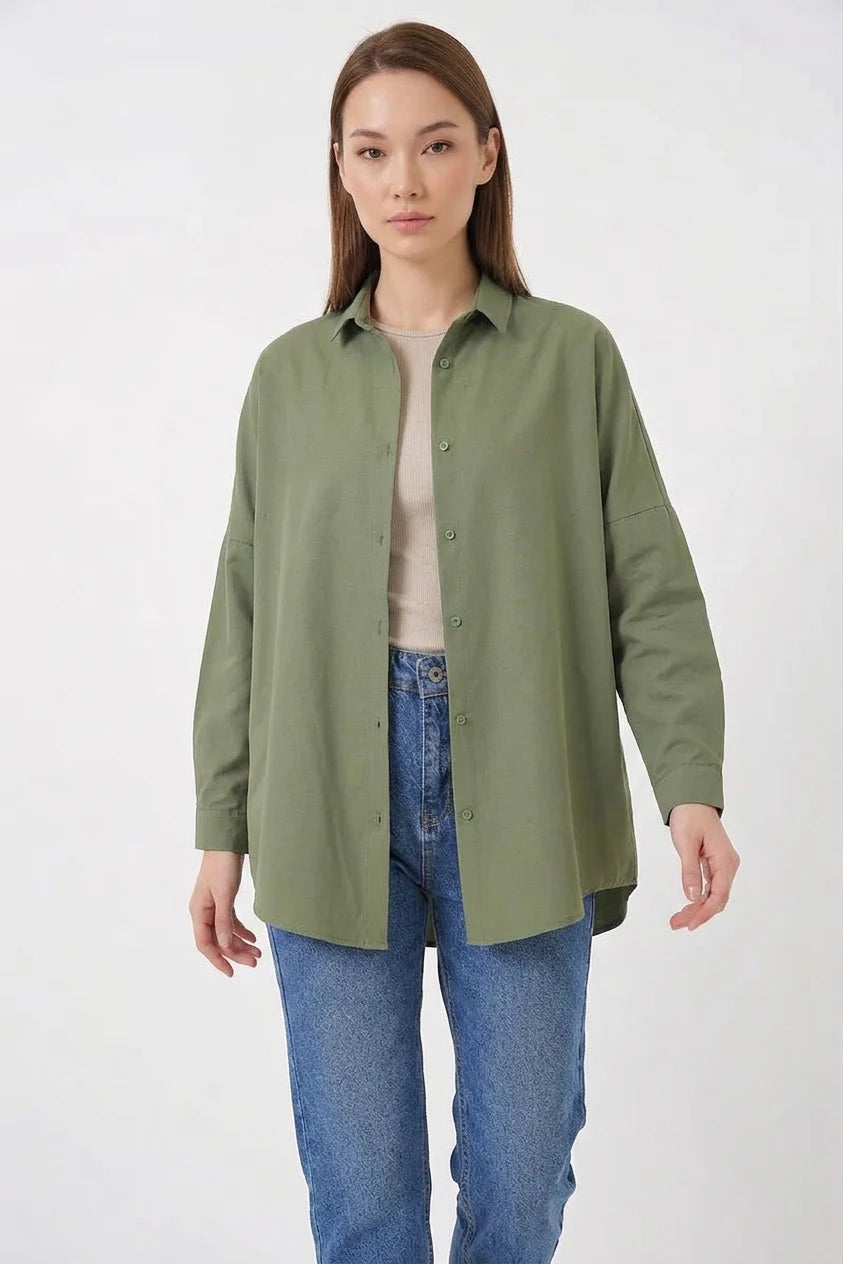 Kadın Oversize Kesim Basic Pamuklu Açık Haki Gömlek