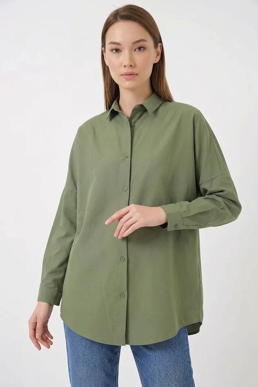 Kadın Oversize Kesim Basic Pamuklu Açık Haki Gömlek