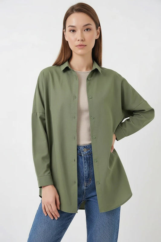 Kadın Oversize Kesim Basic Pamuklu Açık Haki Gömlek